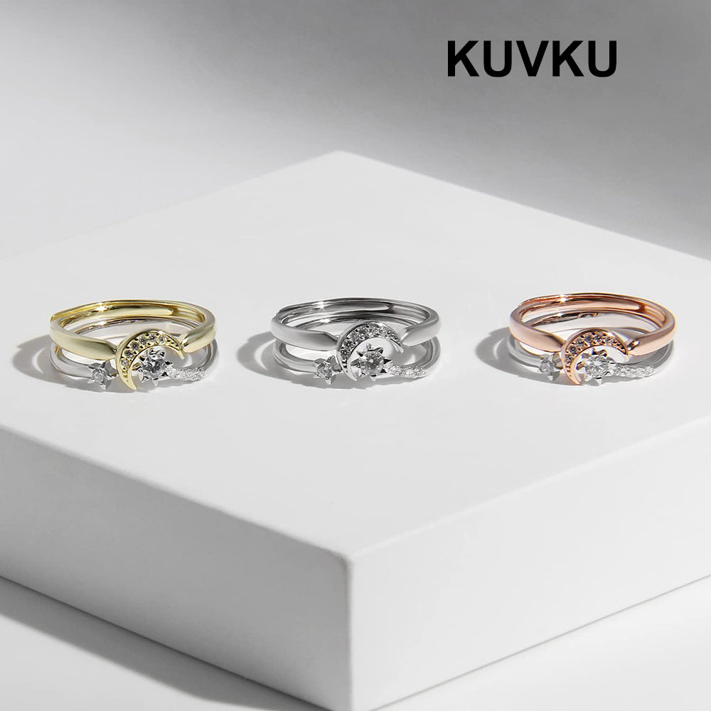 KUVKU Rings Sterling Silver Moon and Star Ring Set