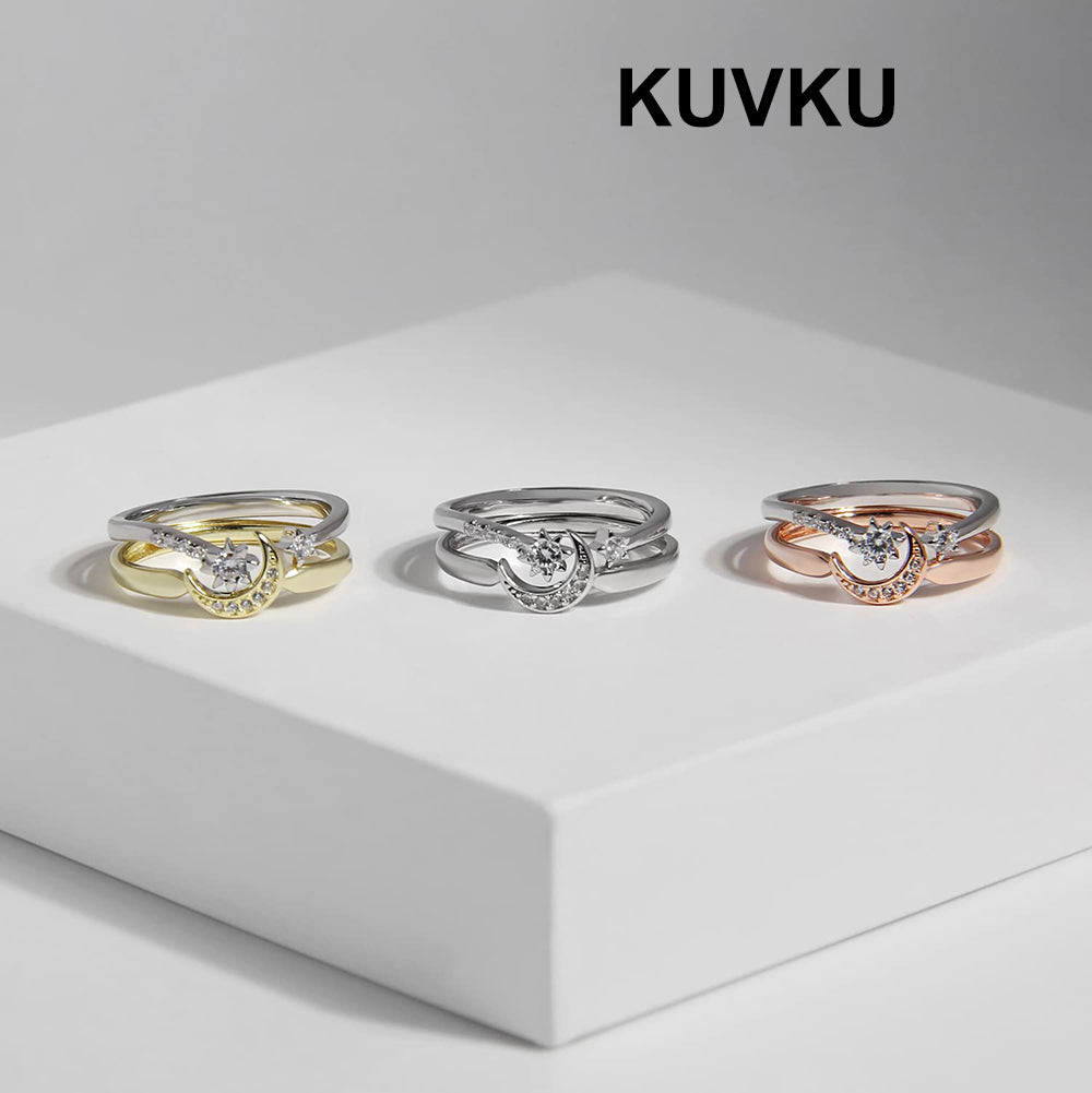 KUVKU Rings Sterling Silver Moon and Star Ring Set